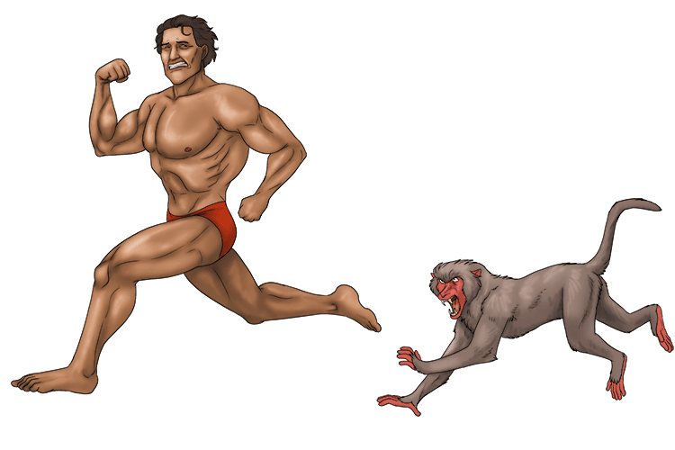 Arnold Schwarzenegger was running away from the macaque.